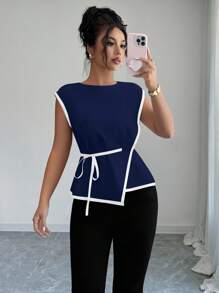 Elenzga 女士优雅通勤腰部收紧撞色衬衫 - 藏蓝色 - 查看 3