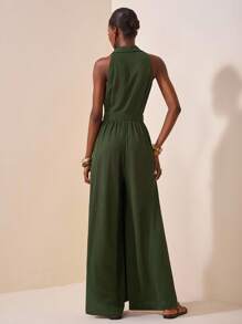 Zivah 2025夏季新品，适合生日派对，返校风，校园风，日常穿着，休闲装，度假装，邮轮旅行，海滩装，日光浴装，街头装，优雅装，通勤装，商务休闲装，衬衫领，半开腿，纽扣可打开，有口袋，腰部收紧阔腿裤，橄榄绿，夏季阔腿裤，女式连体裤 - 橄欖綠 - 查看 2