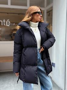 EURMUSE Solid Color High Neck Belted Padded Coat For Winter And Autumn - Black - View 3