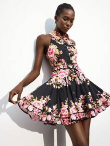 Maija 女士休闲简约牡丹花卉印花无袖衬衫领连衣裙，适合度假、海滩、音乐节、万圣节、派对、婚礼嘉宾、商务休闲 - 黑色 - 查看 2