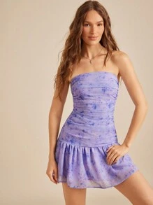 WESTFADE Country Floral Print Chiffon Strapless Ruched Front Smocked Back Tiered Ruffle Mini Sun Dress Country Concert Outfit Summer Outfits For Women Dresses For Vacation