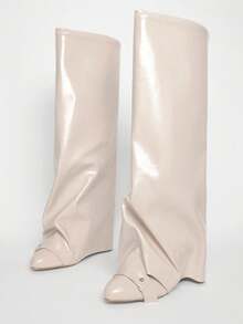 Solezae Women's Fashionable Sexy Point Toe Folded Hidden Wedge Boots - Beige - View 8