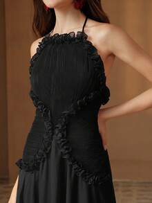 Anewsta Váy cocktail mini cao cấp, dây mảnh màu đỏ thanh lịch, eo nhún bèo, viền nhún bèo - màu đen - Xem 6