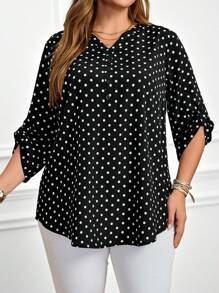 Miaspire Áo cánh tay cuộn cổ khoét họa tiết chấm bi thường ngày cỡ lớn dành cho nữ mùa thu - màu đen - Xem 5