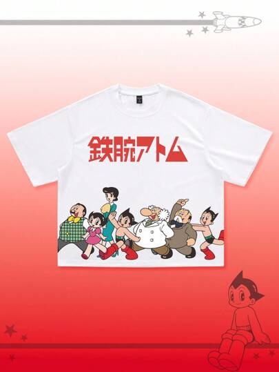 Astro Boy X ROMWE قميص تي شيرت رجالي بطبعة كرتونية أنمي عتيقة بياقة مستديرة وأكمام قصيرة