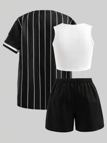 Sparklyn 女童黑色条纹复古字母印花宽松夹克、黄色修身吊带背心和黄色短裤 - 黑色 - 查看 2