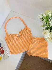 Comfortcana Bộ áo yếm xếp nếp in họa tiết sọc và quần short siêu ngắn phong cách nghỉ mát mùa hè cho nữ - trái cam - Xem 3