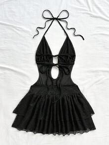 Soleia 奶油黄色女士度假复古扎染印花深 V 领露背系带双荷叶边下摆腰部收紧迷你连衣裙，适合派对、性感、约会、下午茶、街头、城市度假、音乐节、海滩、夏季 - 黑色 - 查看 2