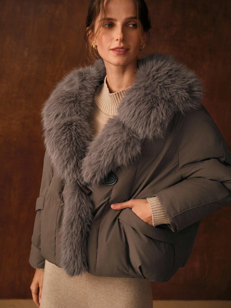 CONTRAST FAUX FUR WATERFALL WINTER COAT