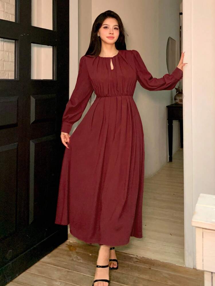 Autumn French Sunset Dress, Elegant Waist-Cinched Teardrop Collar Dress For Women Long Sleeve Dress Red Women Dresses Maxi Dress
