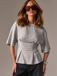 AiiRZ Peplum T Shirt With Cinched Waist Detail Short Sleeve Cotton Blend Top Modern Minimalist Design For Daily Office Wear Elevated Basic - Grey - View 3