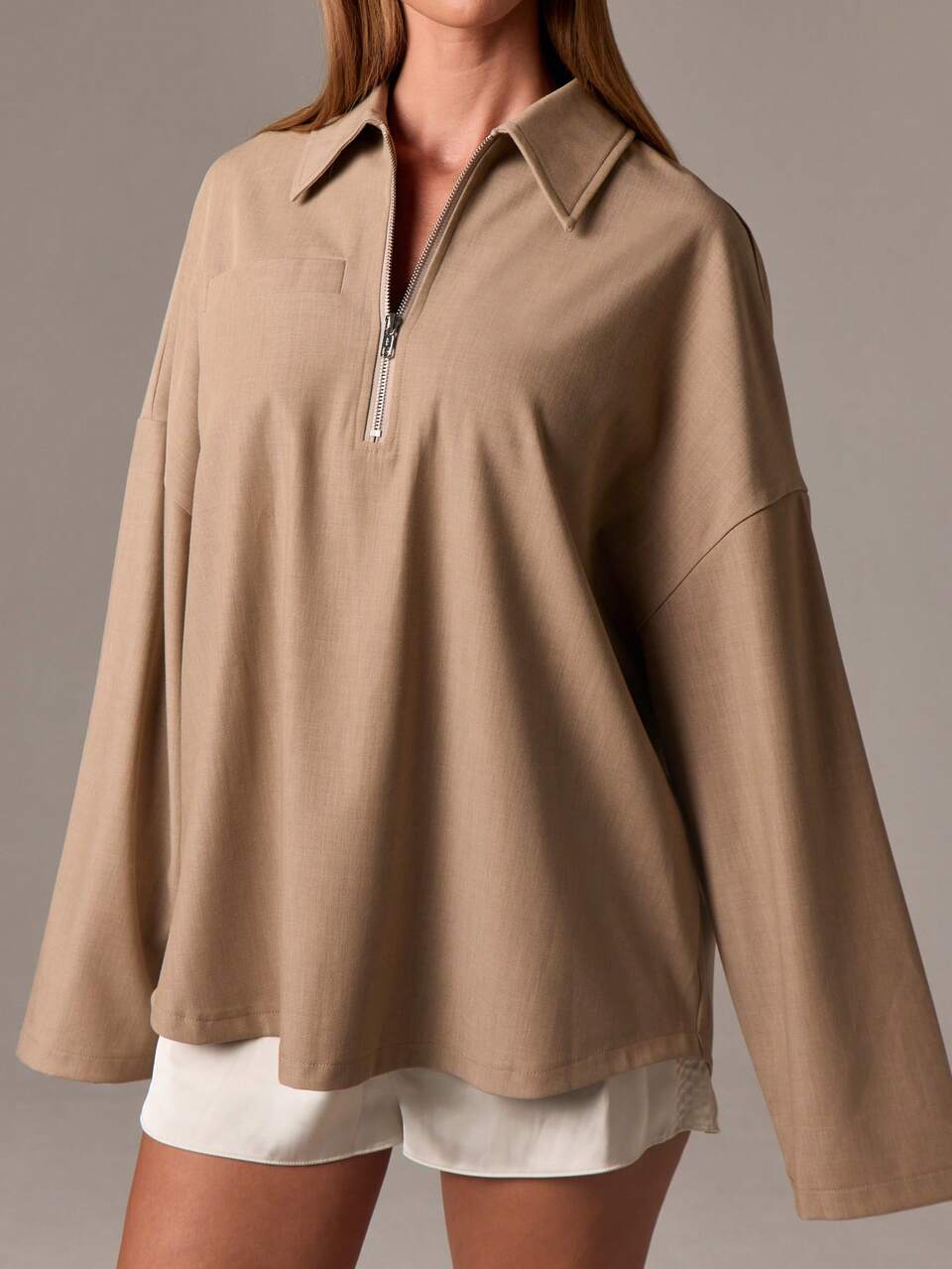 AiiRZ Giacca con chiusura lampo a 1/4 oversize, colletto, maniche lunghe, casual, leggera, stile minimalista sofisticato, adatta per la primavera e il clima di transizione, giacca camicia di stile urbano