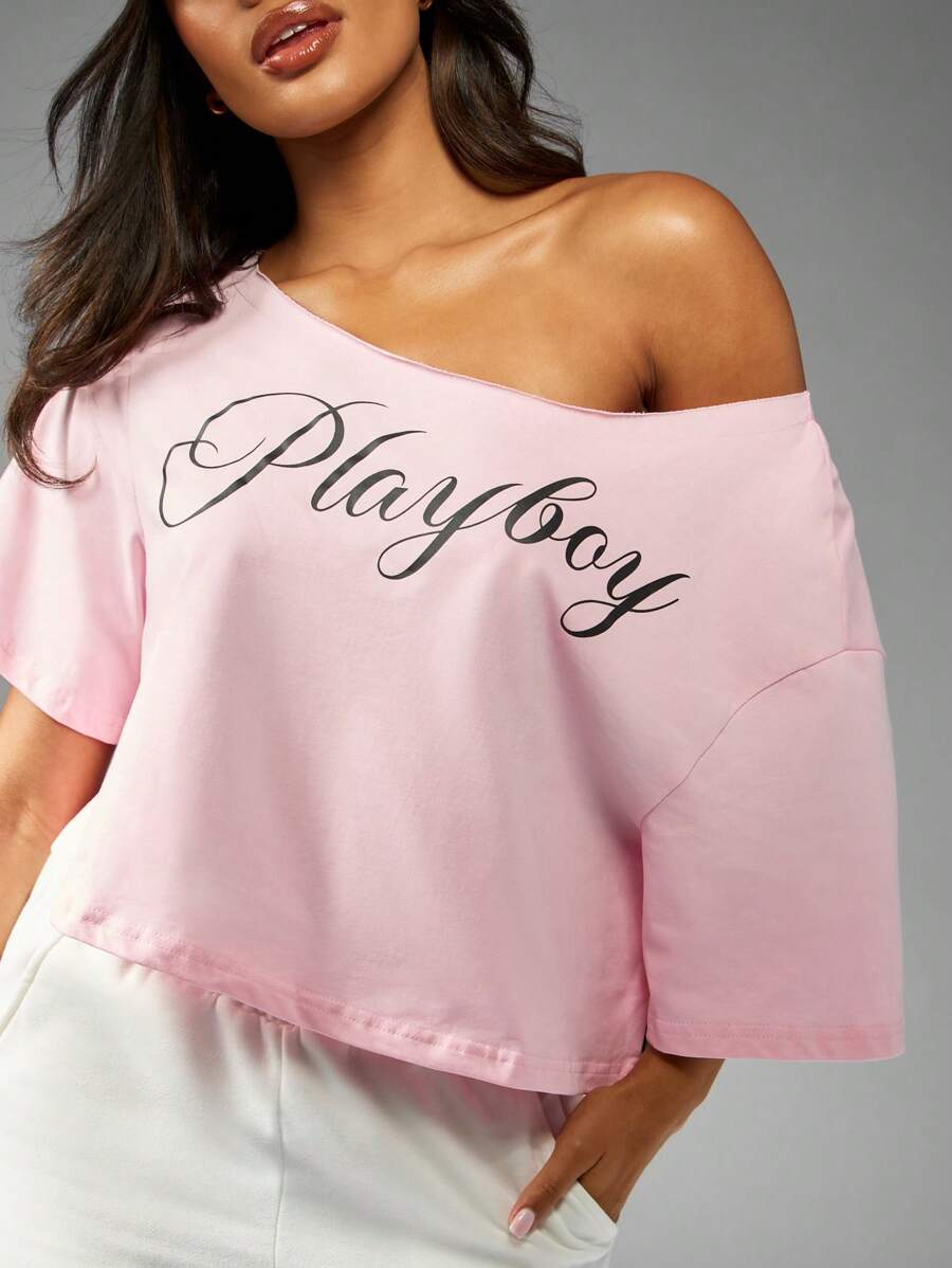 Missguided x Playboy 露肩短款上衣休闲装宽松版型休闲日装节日风格 - 粉色 - 查看 1