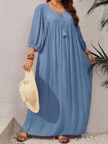 EMERY ROSE 大码女式撞色蕾丝流苏系带灯笼袖休闲连衣裙 - 淺藍色 - 查看 5