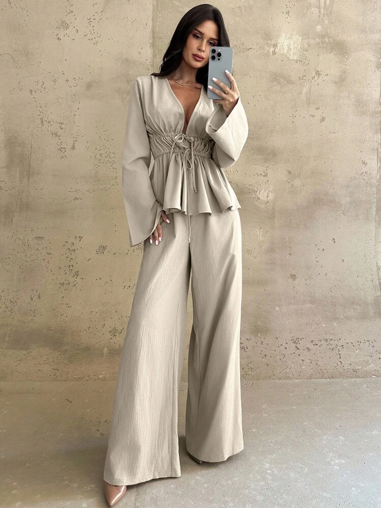 Firerie Women's Solid Color Pleated Waist Tie Flare Sleeve Shirt And Pants Casual 2 Pieces Set,Fall - Khaki - View 3