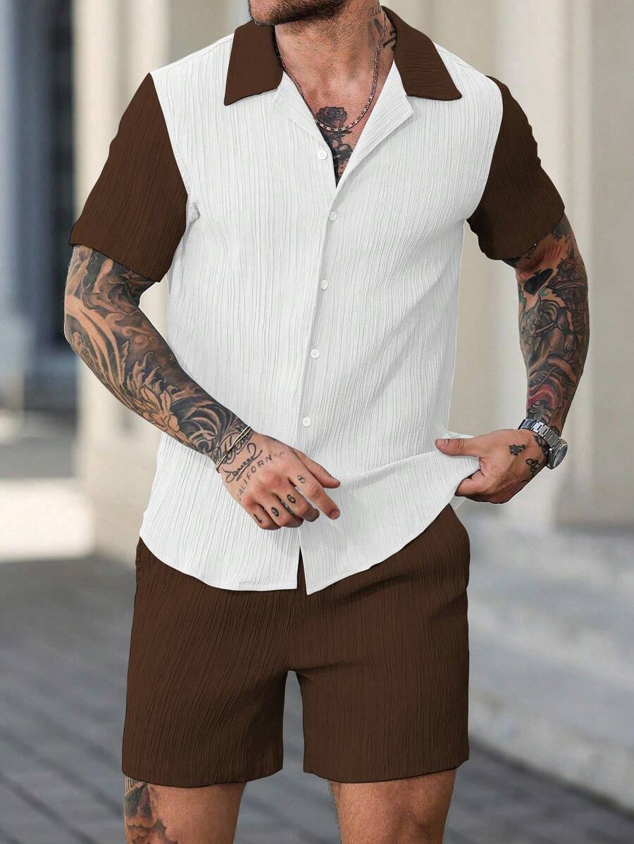 Manfinity Homme Men's Summer Casual Contrast Color Patchwork Shirt And Shorts 2 Pieces Set