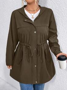 EMERY ROSE Plus Size Women Drawstring Waist Hooded Jacket Fall Winter Cloth For Women Autumn - Brown - View 4