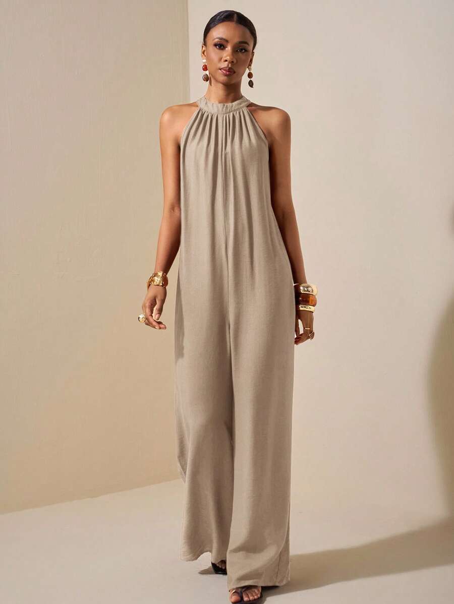 Zivah Beach New Spring And Summer Leisure Vacation Daily Commuting Halter Neck Round Neck Sleeveless Ultra-Loose Wide-Leg Plus-Length Pants Women's Jumpsuit