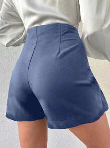 RueChic 100%Cotton Solid Color Asymmetrical Hem Skort - Dusty Blue - View 2