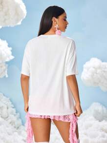 SHEIN X Care Bears Women's Letter & Cartoon Bear Embroidered Round Neck Short Sleeve T-Shirt - White - View 2