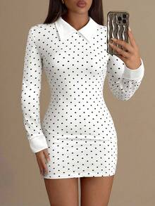 SHEIN ICON 女士合身黑白波点撞色领子星期三迷你连衣裙 - 白色 - 查看 3