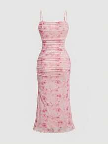 SHEIN MOD Floral Print Ruched Lettuce Trim Mesh Slim Fit Valentine Day Pink Cami Dress,Summer Dresses For Women