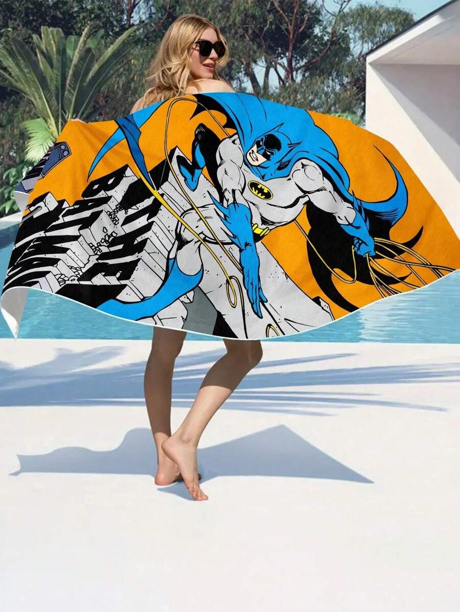 BATMAN X SHEIN Toalla de playa con temática de secado rápido, capa absorbente y utilizable para la playa, la piscina, los viajes y el spa, toalla de playa ligera y portátil para adultos - Amarillo - Ver 1