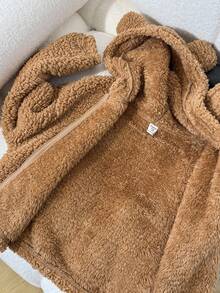 SHEIN Tween 女童休闲连帽拉链羊毛夹克，带有可爱卡通耳朵，保暖衬里，适合秋冬季