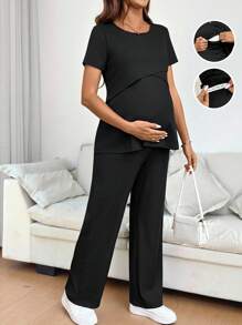 SHEIN 2pcs/Set Solid Color Round Neck Short Sleeve Top And Pants Nursing Suit For Maternity - Black - View 3