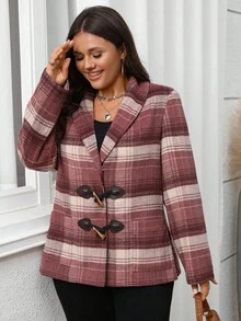 EMERY ROSE Plus Size Women Plaid Shawl Collar Long Sleeve Horn Button Front Casual Wool Blend Pockets Jacket,Business Casual Woman,Winter Clothes For Women,Chic Autumn&Winter Fall