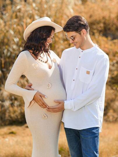 Boho Mama Pregnant Women Solid Color 3D Floral Decor V-Neck Trumpet Sleeve Bodycon Elegant Dress  Fall Clothes  Fall Sweater Dresses Boho Maternity Old Money Dress Fall Winter Clothes Wedding Guest Dress Bohemian