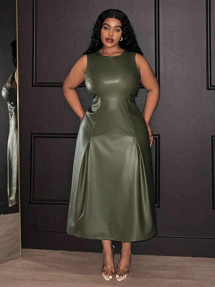 Veslaya 2025 Spring/Fall New Arrival African Bohemian Music Festival Casual Vacation Elegant Island Resort Party Evening Cocktail Commute Daily Wear Solid Military Green Stretchy PU Sleeveless Round Neck Maxi Dress, Plus Size,Elegant Dresses For Women - Army Green - View 4