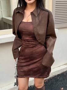 Feyla Áo khoác thời trang hở vai dài tay màu trơn cho nữ mùa thu/đông - màu nâu - Xem 4