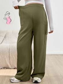 SHEIN Cargo Pants With Pockets, Wide Leg Trousers, Maternity Pants, Army Green - Green - View 1