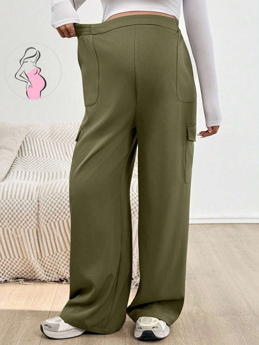 SHEIN Cargo Pants With Pockets, Wide Leg Trousers, Maternity Pants, Army Green - Green - View 1