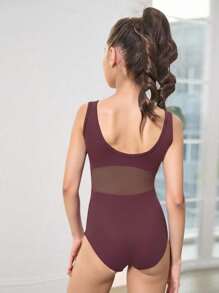 SHEIN Malla negra minimalista con empalme para niñas preadolescentes, ajuste ceñido para la escuela, entrenamiento profesional, ballet, gimnasia, estudio de danza, leotardo de danza - Burdeos - Ver 2