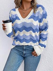 Maglione casual a maniche lunghe con scollo a V e righe, versatile per l'uso all'aperto in autunno/inverno, taglie comode