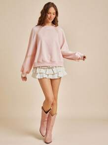 WESTFADE Fleece & Crochet Lace Crewneck Raglan Sleeve Boxy Fit Sweatshirt Back To School Fall Clothes - Pink - View 6