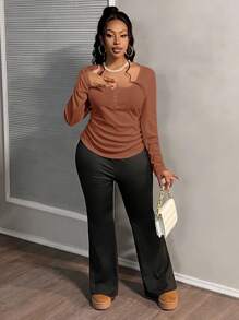 Slaydiva Plus Size Casual Square Neck Long Sleeve Ruched Waist Top,Fall Clothes For Women - Brown - View 4
