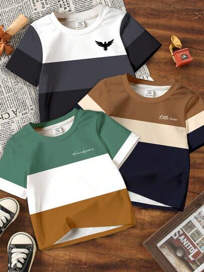 3 件套年轻男孩经典拼色时尚图案印花休闲舒适短袖 T 恤，适合春夏季、室内、户外、兄弟姐妹套装、儿童服装男孩、返校服装