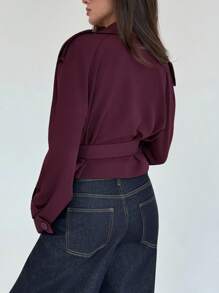 Aloruh 女士休闲通勤纯色双排扣风衣秋季女装秋季所有女装秋季女装秋季女装秋冬女装冬季女装冬季外套女返校节学校老师栗色短款风衣外套超短款气质显瘦深秋女神显瘦酒红色西装外套