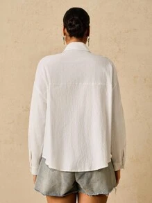 SHEIN VCAY 加大码女式休闲波西米亚风格舒适棉质长袖衬衫，带口袋和串珠花卉装饰，适合日常穿着 - 白色 - 查看 2