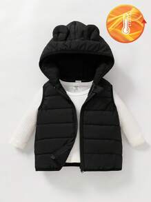 SHEIN Baby Boy Cotton Padded Vest With Hood And Ear Design, Black Color, Casual Style For Outings, Home Leisure, And Party Occasions, Suitable For Winter Hooded Baby Vest Baby Boy Winter Vest Toddler Vest Baby Boy Vest Baby Vest With Hood Black Baby Vest Baby Bear Vest Fall - Black - View 3