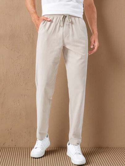 HIMLAND Men Cotton Drawstring Waist Pocket Patched Pants Tapered Long Slacks Linen Daddy Plain Going Out Husband, Fall, Old Money