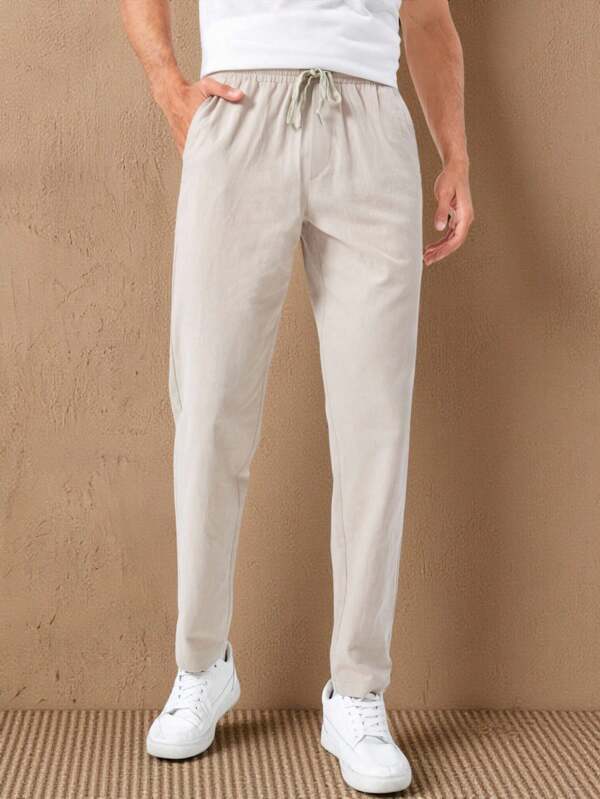 HIMLAND Men Cotton Drawstring Waist Pocket Patched Pants Tapered Long Slacks Linen Daddy Plain Khaki Going Out Husband