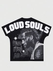 ROMWE MEN Street Life Camiseta de Manga Curta com Gráfico de Figura Vintage Desgastada Masculina, Estilo Verão, Anos 2000 - Preto - Visão 1