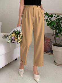 EURMUSE Quần ống đứng màu trơn đơn giản dành cho doanh nhân - Lạc đà - Xem 2