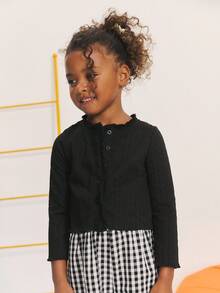 SHEIN Young Girl Casual Everyday Knit Collar Ruffle Trim White Fitted Long Sleeve Cardigan,In Fall/Winter - Black - View 3