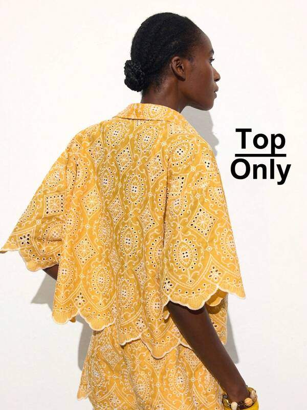 Maija Women's Yellow & White Embroidered Floral Casual Loose Shirt, Modern Resort Style Short Sleeve Button Down Collared Blouse, Suitable For Summer, Beach, Vacation, Boho Chic, Breezy, Elegant, Countryside Music Festival, Western Vibes, Graduation Trips, High-Quality Business Casual Women's Clothing Office Clothing Low-Key Old Money Style Effortless Temperament High-End Urban Commuting High-Quality Airport Women's Clothing High-End Material