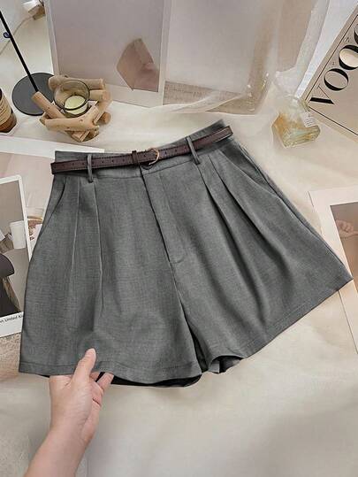 Franclia Büyük Beden Kadınlar İçin Düz Renk Şık Kemerli Dekor Şort, İşe Gidip Gelmek, Gezinmek, Yaz, Ofis, Parti ve Günlük Giyim İçin Uygun